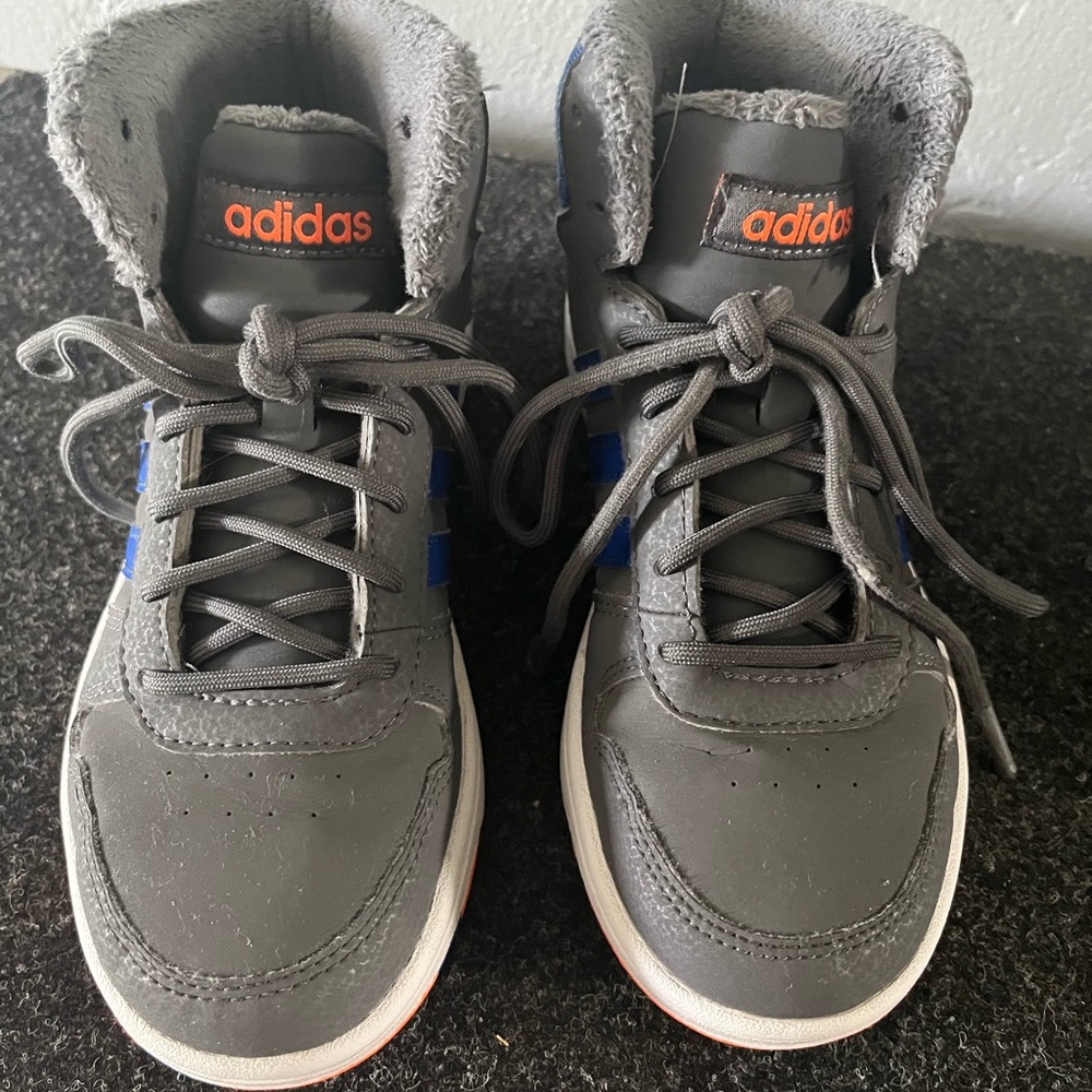 Boy adidas sneakers, size 1, gray/blue/orange, used but in great condition.